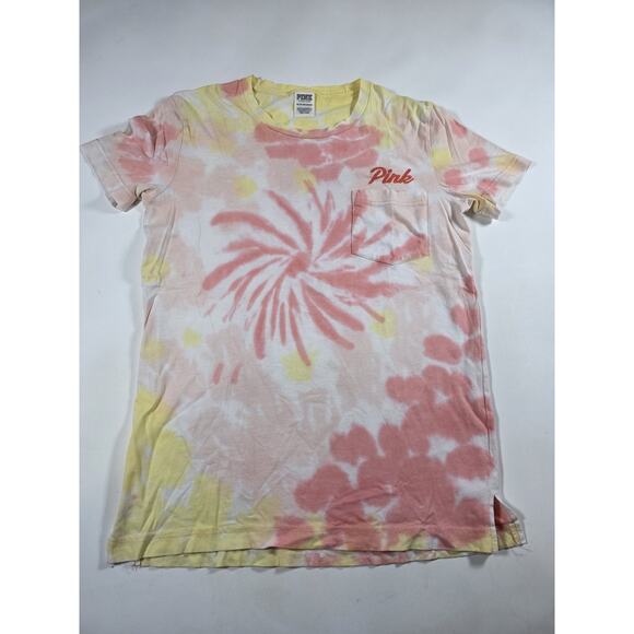 Victoria’s Secret PINK Tie-dye Logo Short Sleeve Shirt Size XS Pink Yellow - Picture 1 of 4